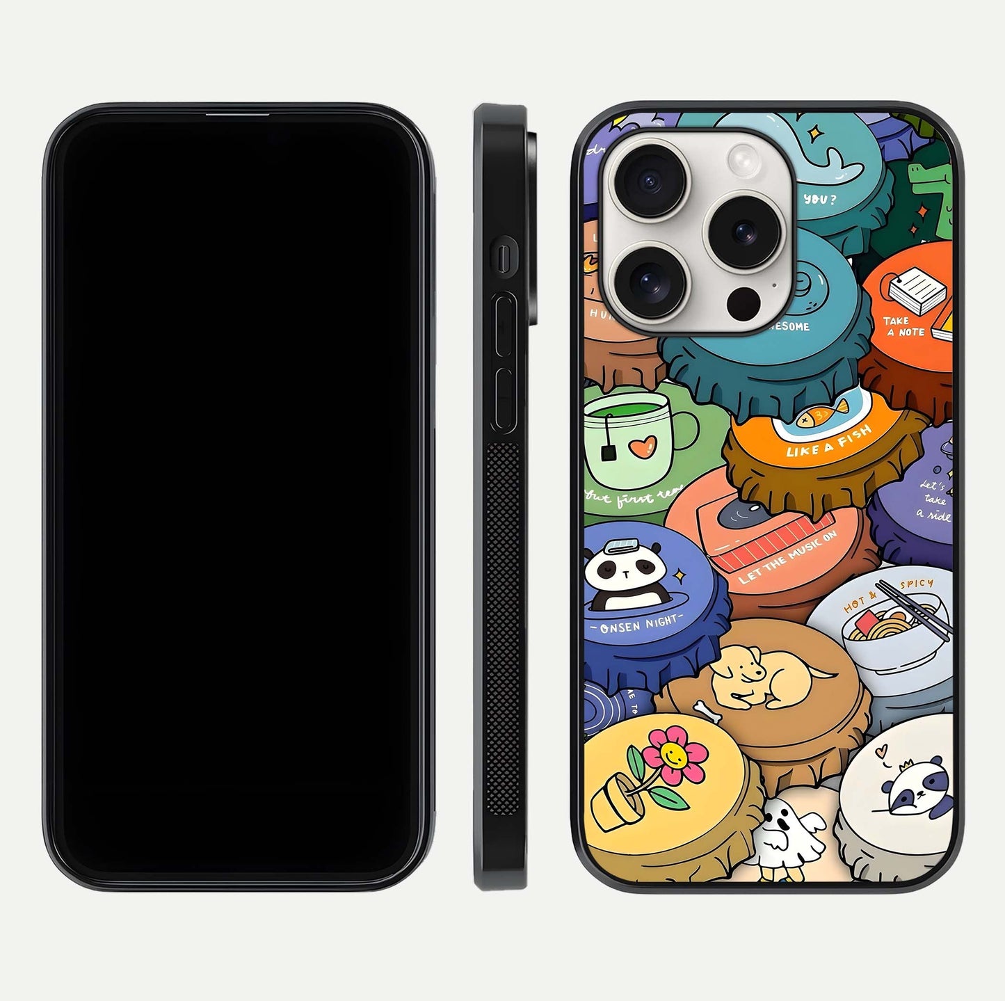 Coins Patterns Glass Case for iPhone 15 Pro Max dual-view layout displaying elegant art and glass clarity