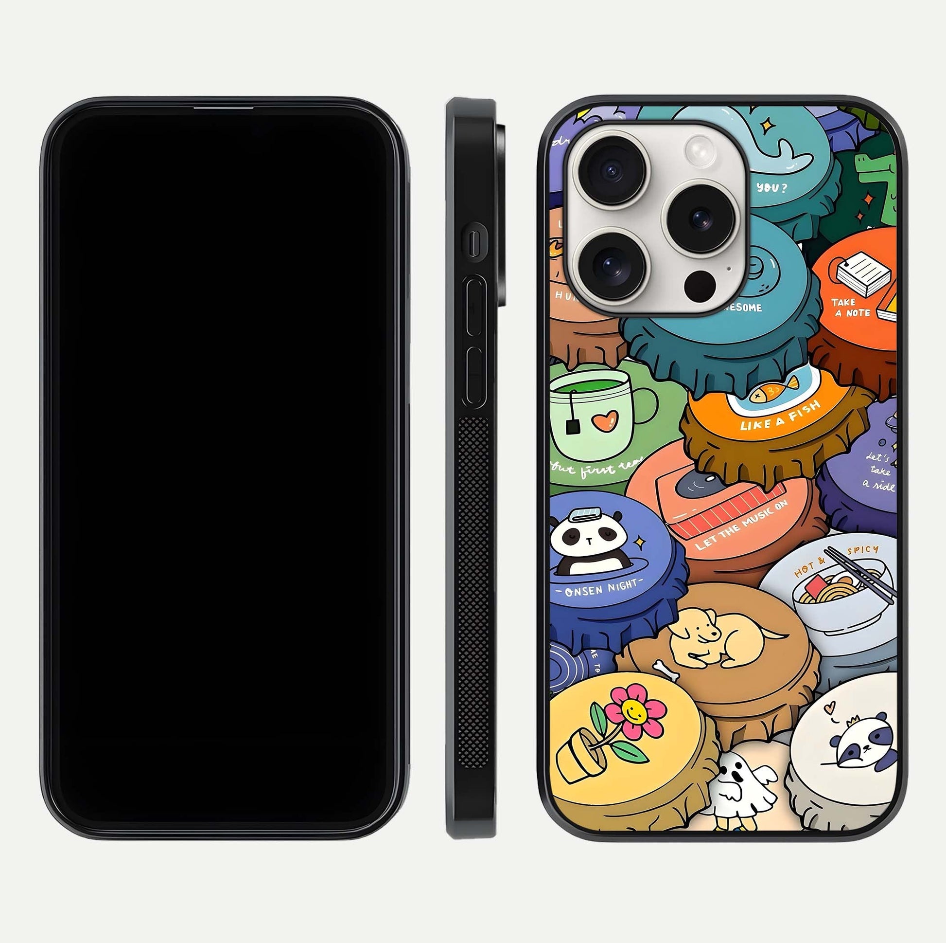 Coins Patterns Glass Case for iPhone 15 Pro Max dual-view layout displaying elegant art and glass clarity