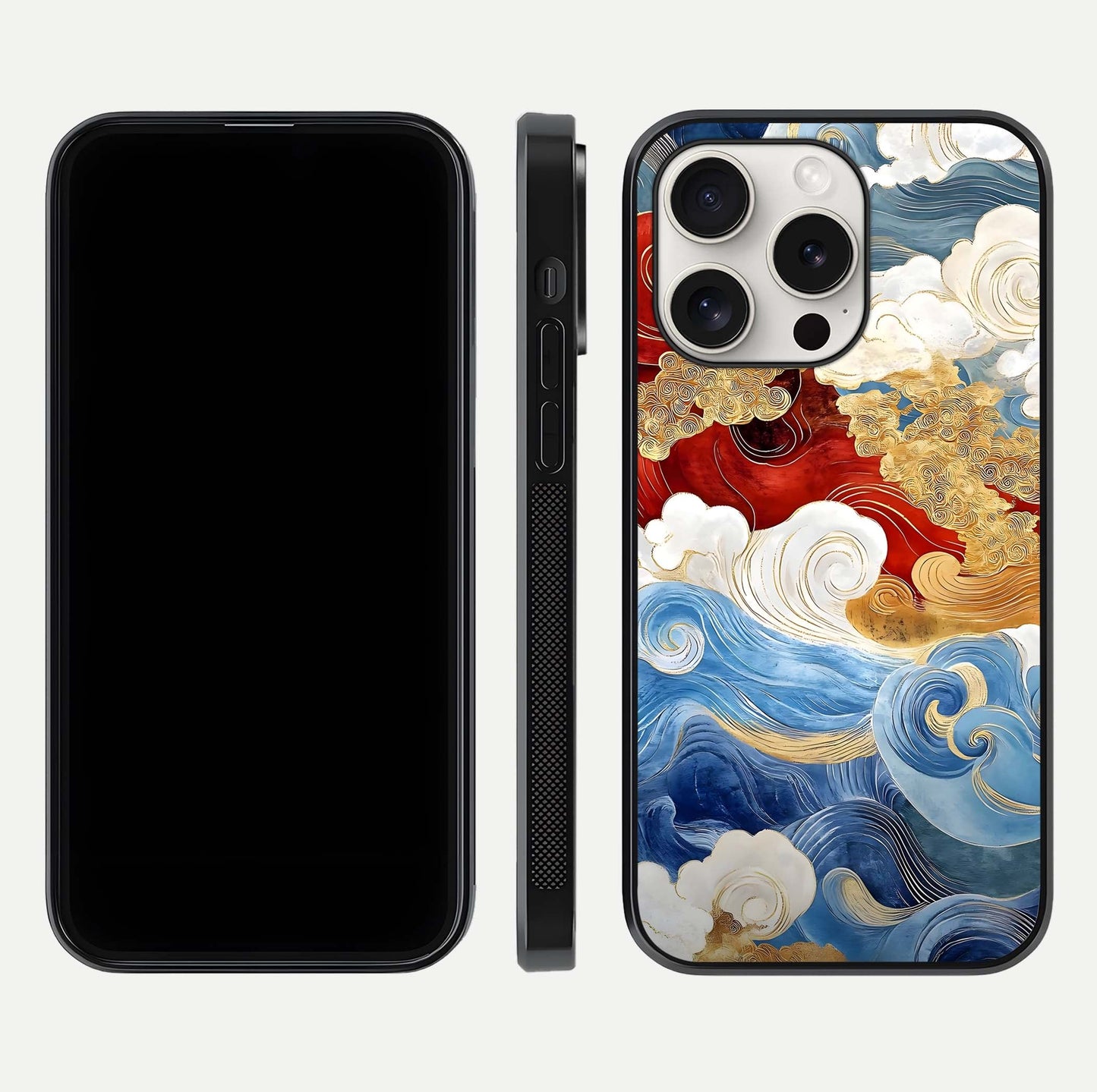 Colored Waves Glass Case for iPhone 15 Pro Max front & back layout showing smooth edges and vivid print tones