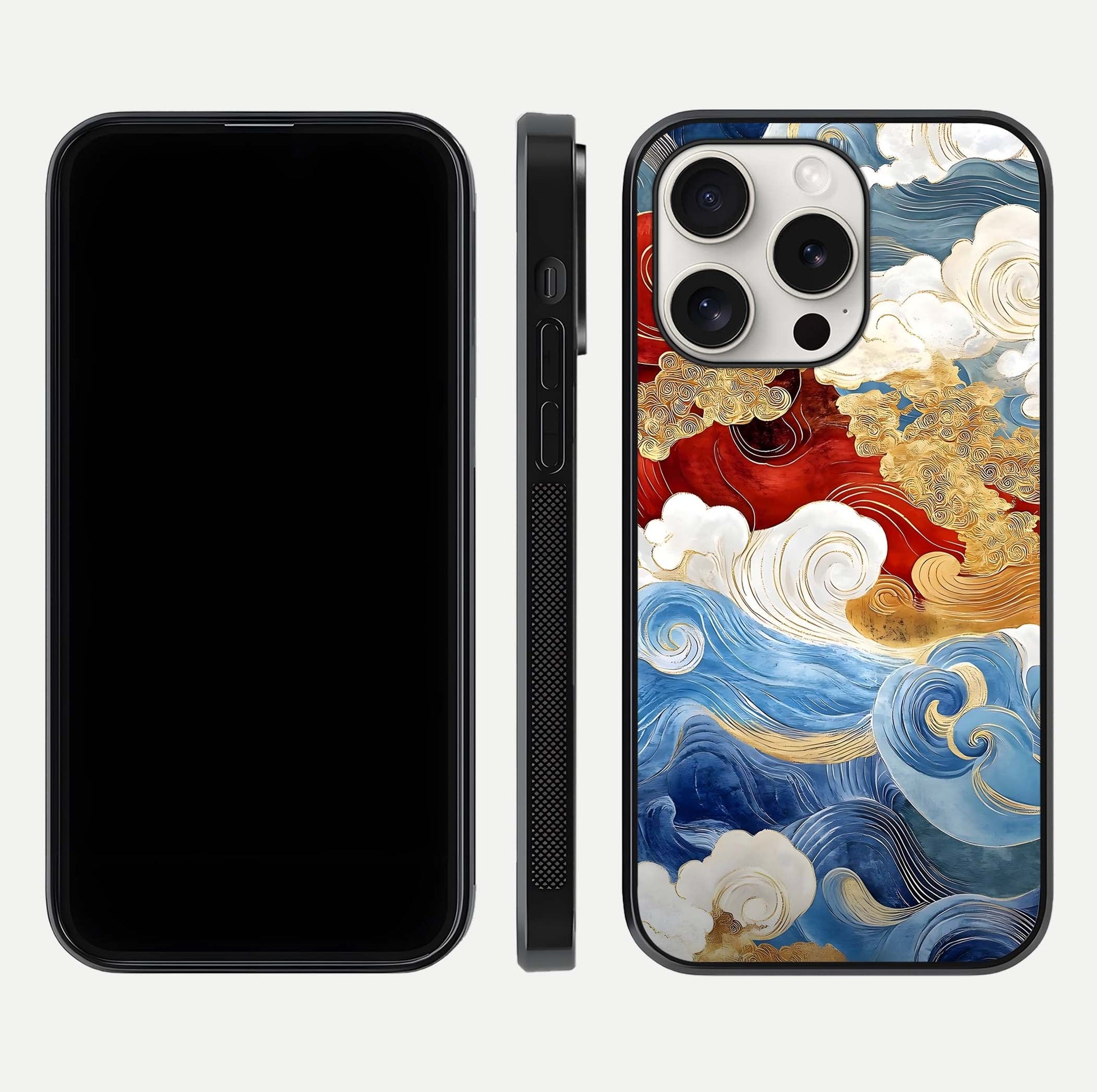 Colored Waves Glass Case for iPhone 15 Pro Max front & back layout showing smooth edges and vivid print tones