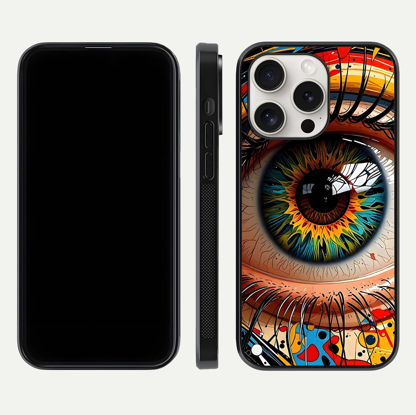 Colorful Eye Glass Case for iPhone 15 Pro Max dual-view layout displaying vivid tones and smooth glass edges