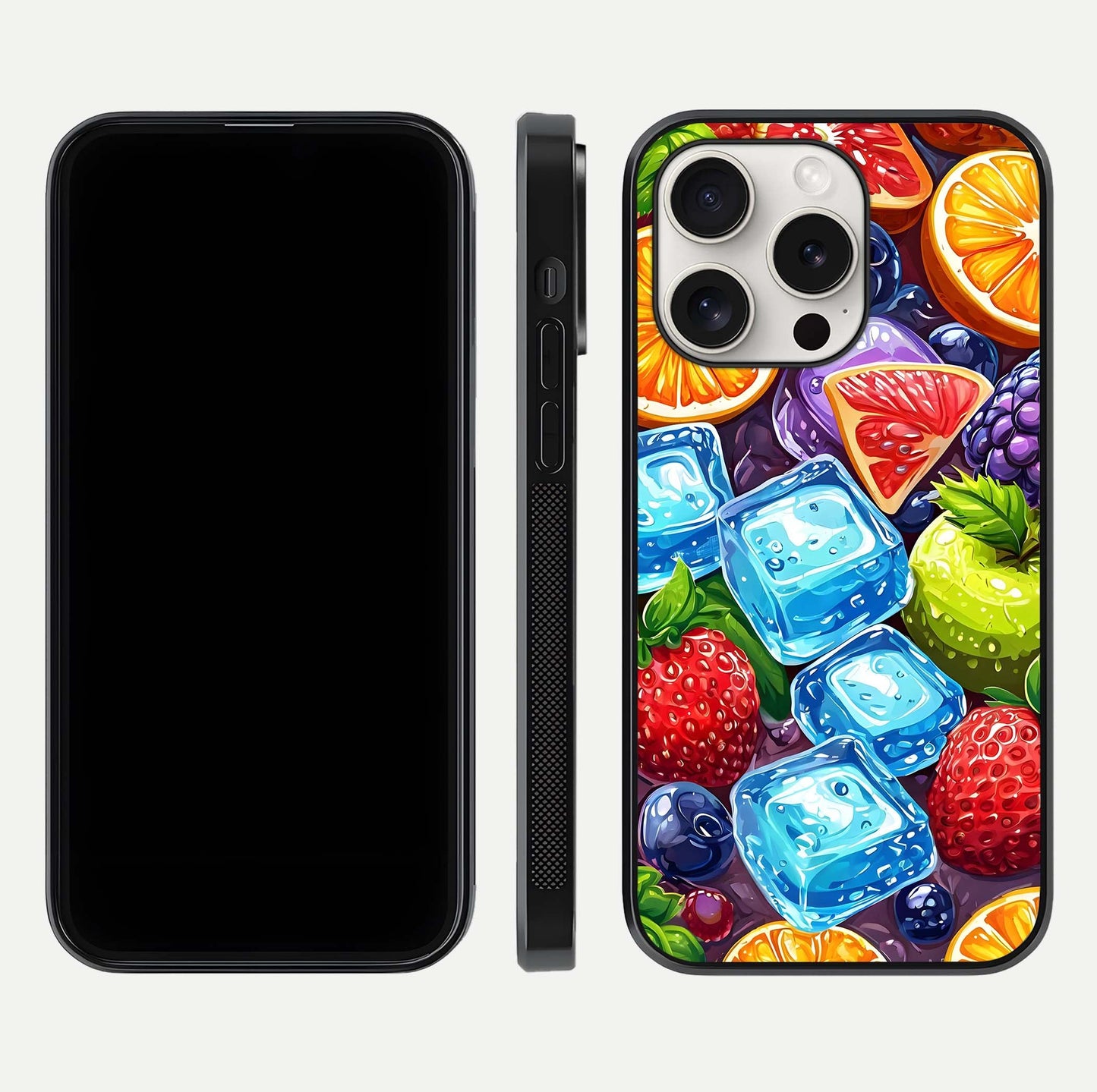 Colorful Fruits with Ice Glass Case for iPhone 15 Pro Max dual-view layout showing fresh tones and polished edges