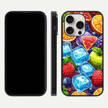 Colorful Fruits with Ice Glass Case for iPhone 15 Pro Max dual-view layout showing fresh tones and polished edges