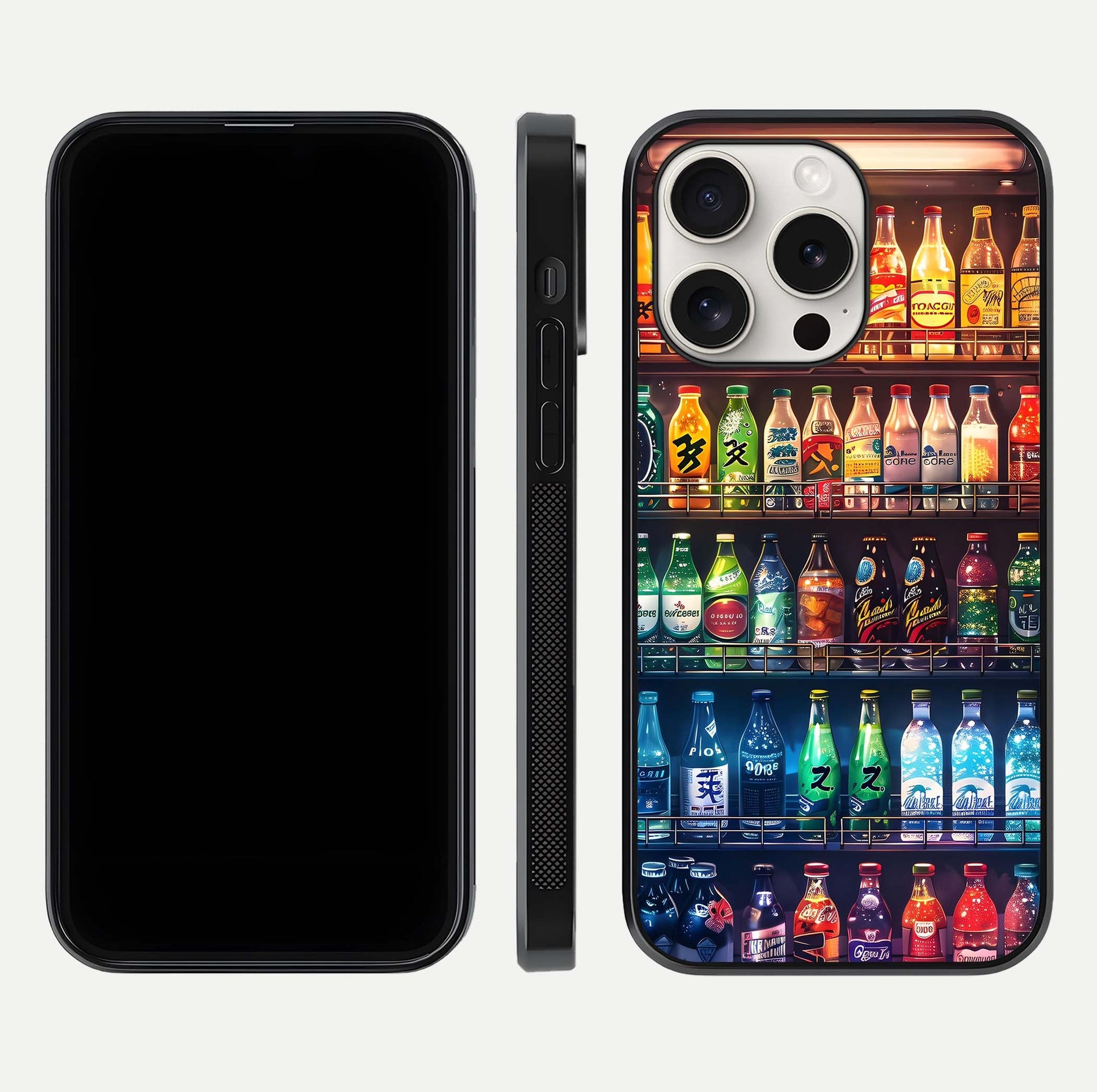 Colorful Soda Bottles Glass Case for iPhone 15 Pro Max dual-view layout displaying playful tones and gloss clarity