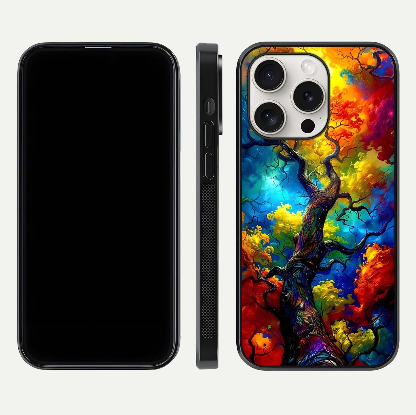 Colorful Tree Glass Case for iPhone 15 Pro Max dual-view layout displaying balanced tones and smooth edges