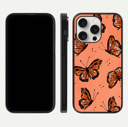 Coral Wing Butterfly Glass Case for iPhone 15 Pro Max dual-view layout displaying soft floral tones and curved edges
