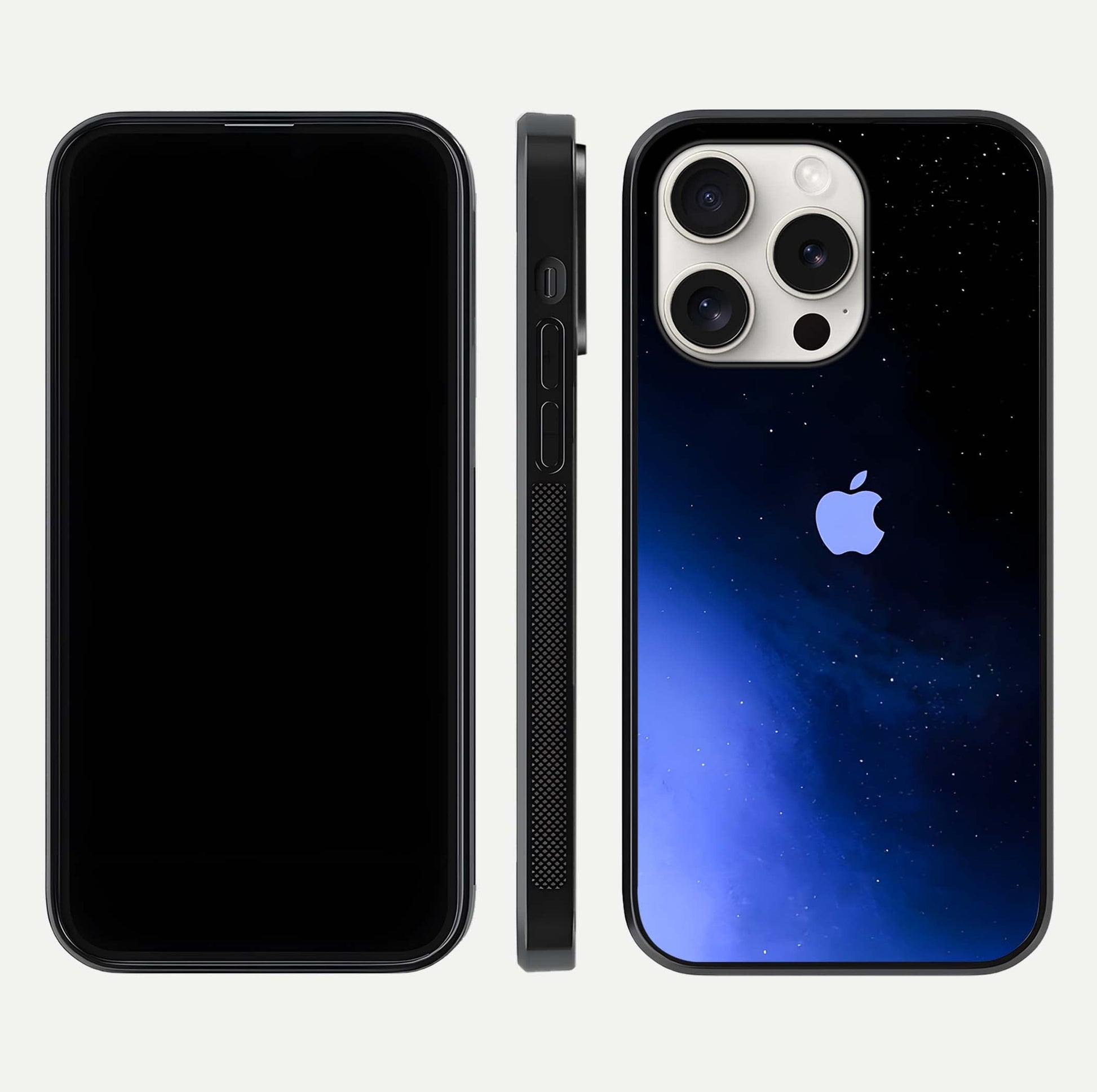 Cosmic Blue Apple Glass Case for iPhone 15 Pro Max dual-view layout displaying cosmic tones and glass edges