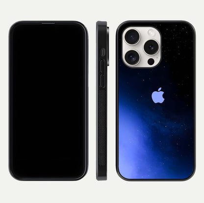Cosmic Blue Apple Glass Case for iPhone 15 Pro Max dual-view layout displaying cosmic tones and glass edges