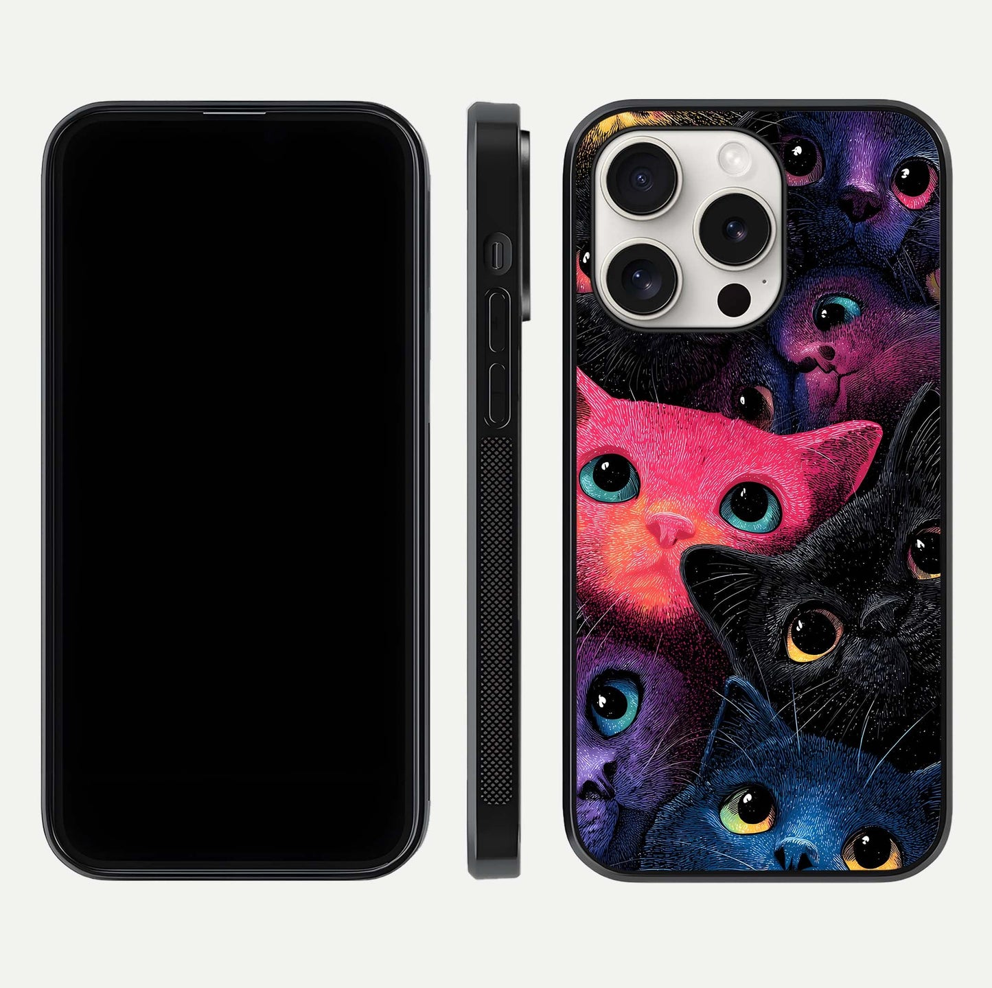 Cosmic Cats Dreams Glass Case for iPhone 15 Pro Max dual-view layout displaying HD print and glossy shine