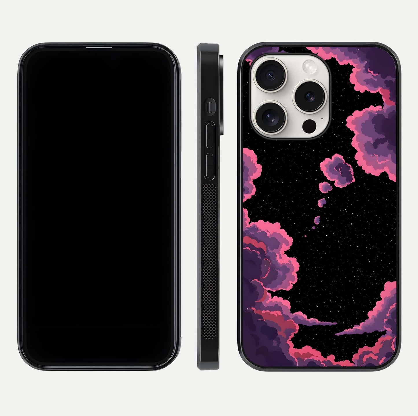 Cosmic Cloud Journey Glass Case for iPhone 15 Pro Max dual-view layout displaying celestial tones and edge clarity