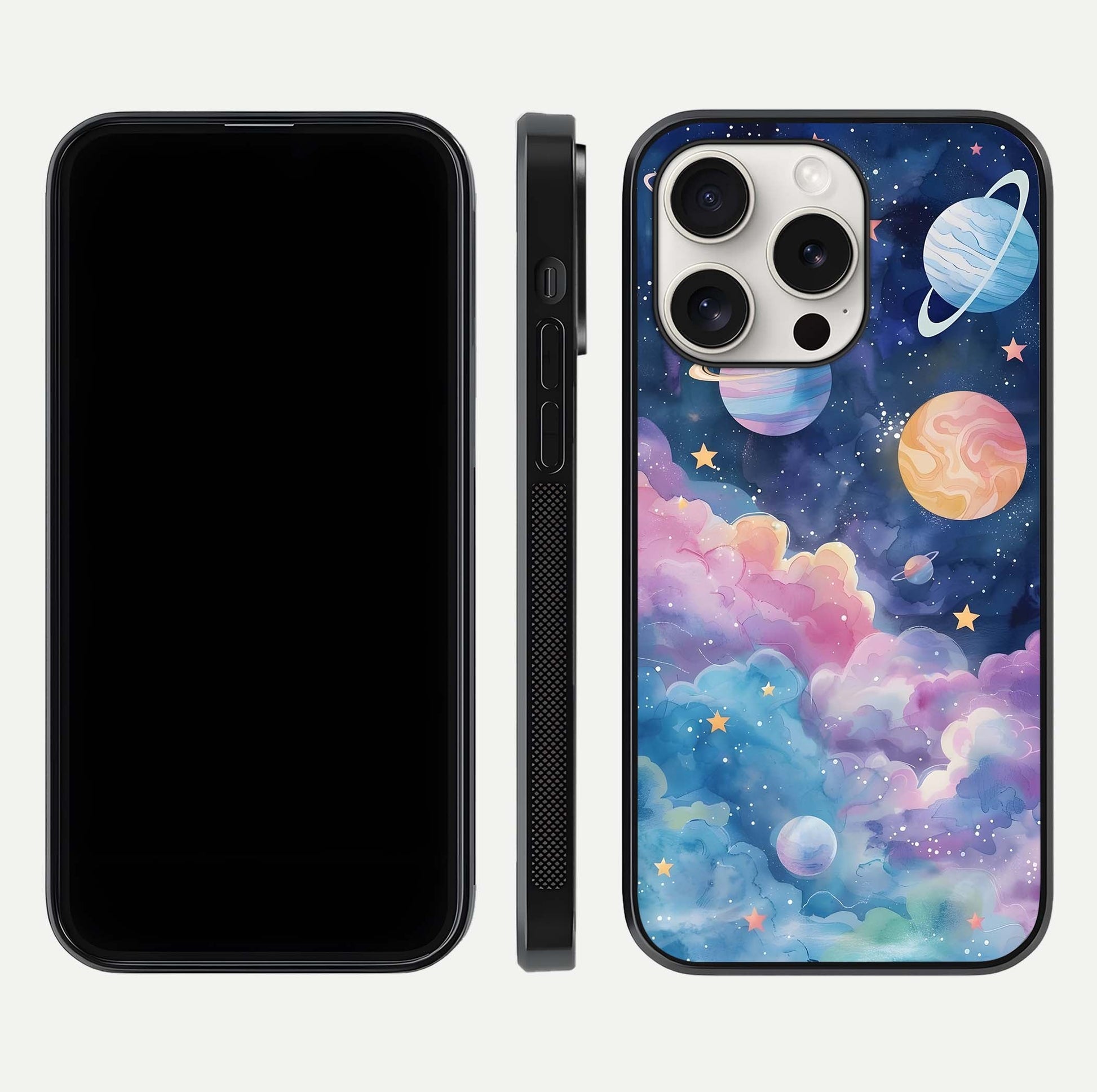 Cosmic Planet Dreams Glass Case for iPhone 15 Pro Max dual-view layout displaying galaxy colors and curved finish