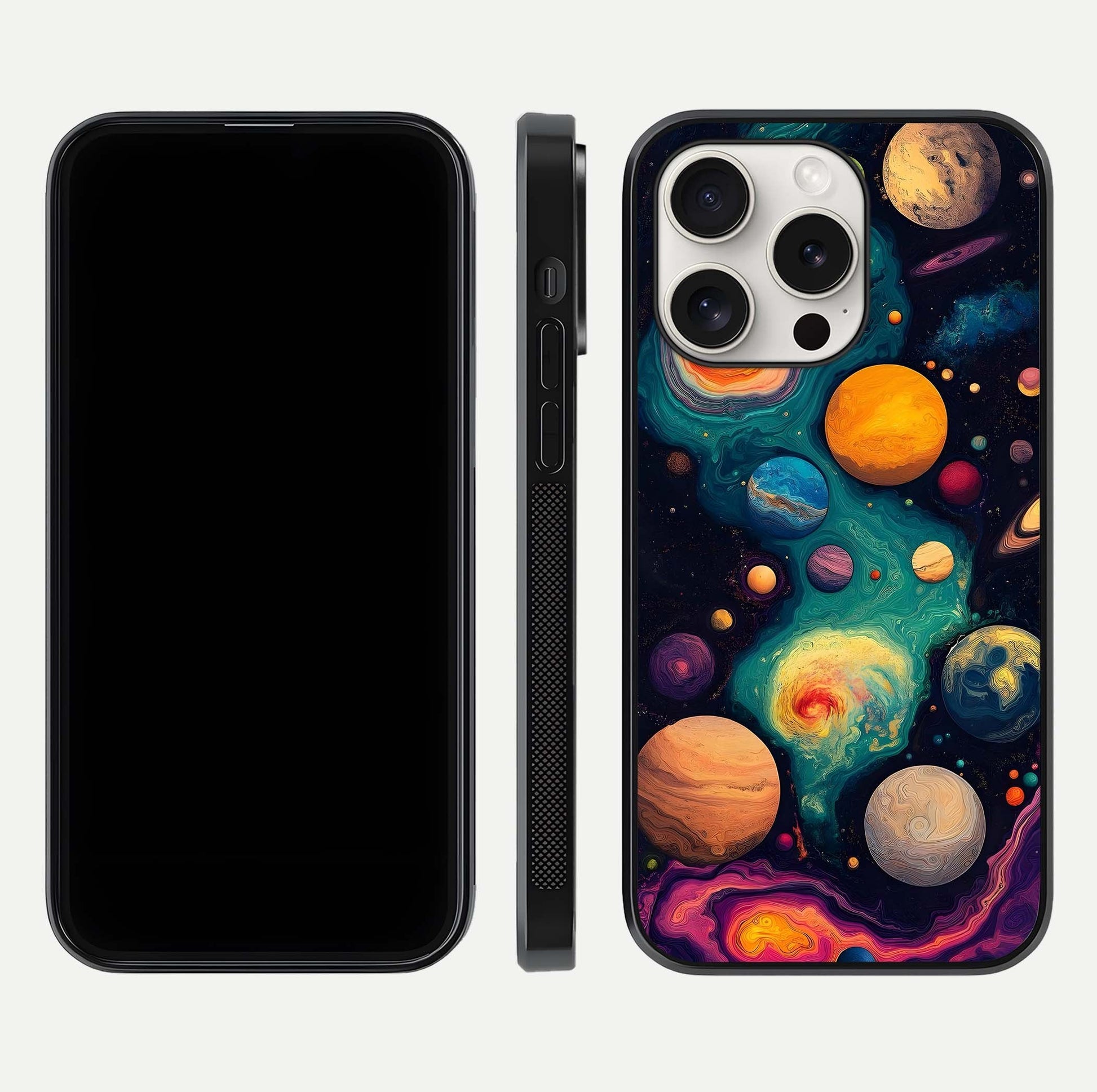 Cosmic Planet Journey Glass Case for iPhone 15 Pro Max dual-view layout displaying colorful cosmic balance