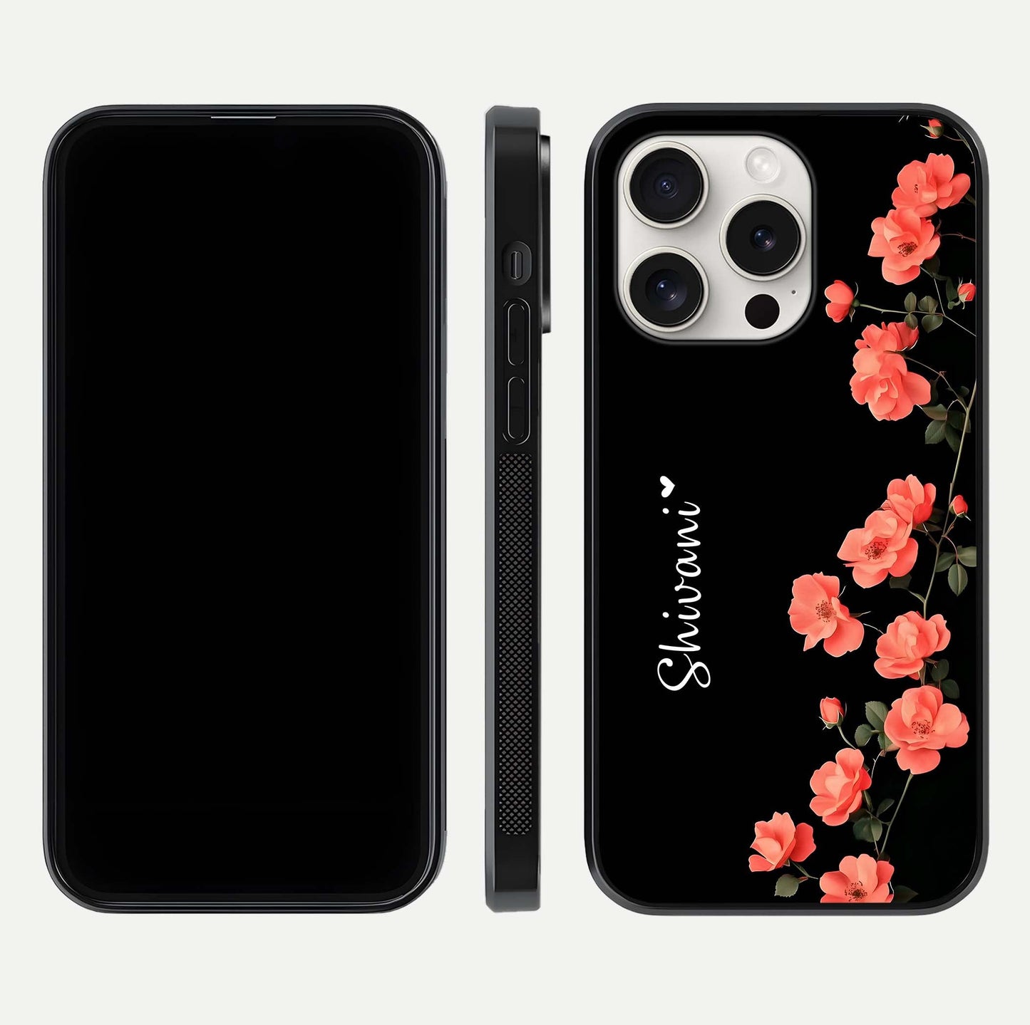 Crimson Bloom Grace Custom Name Glass Case for iPhone 15 Pro Max dual-view layout displaying custom text and smooth curved edges