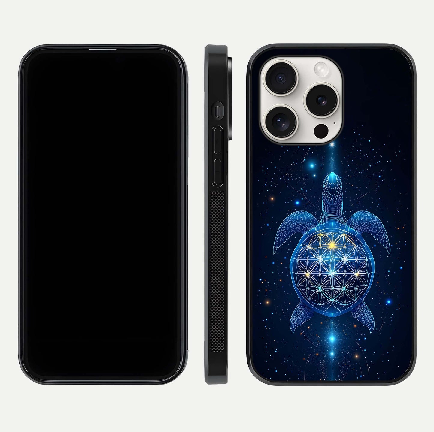 Crimson Blue Turtle Glass Case for iPhone 15 Pro Max dual-view layout displaying ocean tones and HD finish