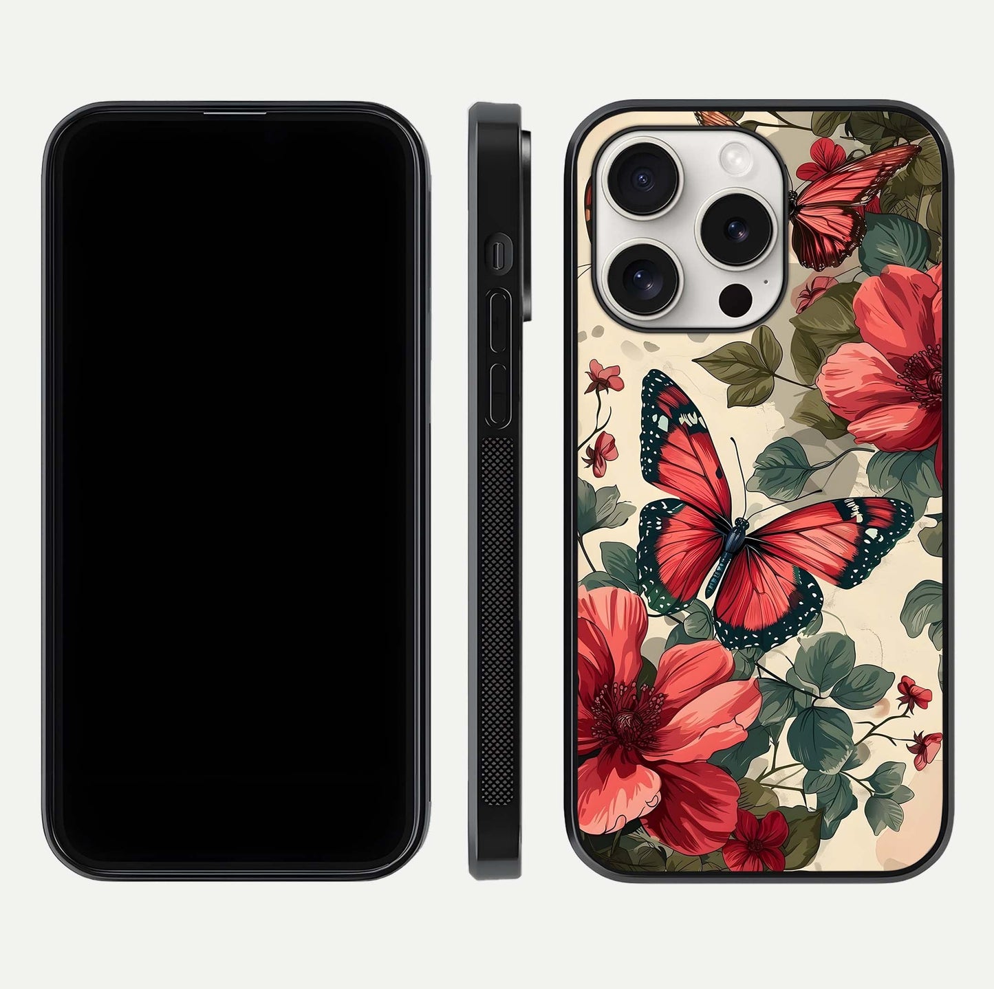 Crimson Butterfly Garden Glass Case for iPhone 15 Pro Max dual-view layout displaying floral patterns and edge finish