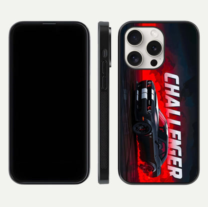 Crimson Challenger Fury Glass Case for iPhone 15 Pro Max dual-view layout displaying bold tones and edge polish