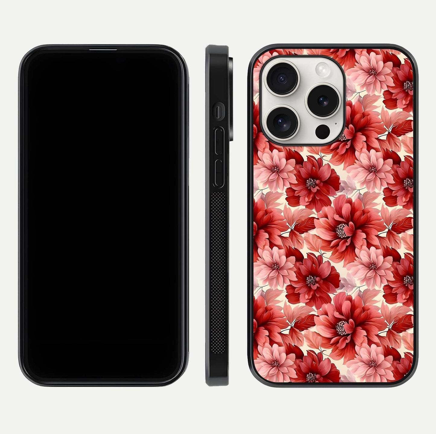 Crimson Love Petals Glass Case for iPhone 15 Pro Max dual-view layout displaying floral charm and curved glass
