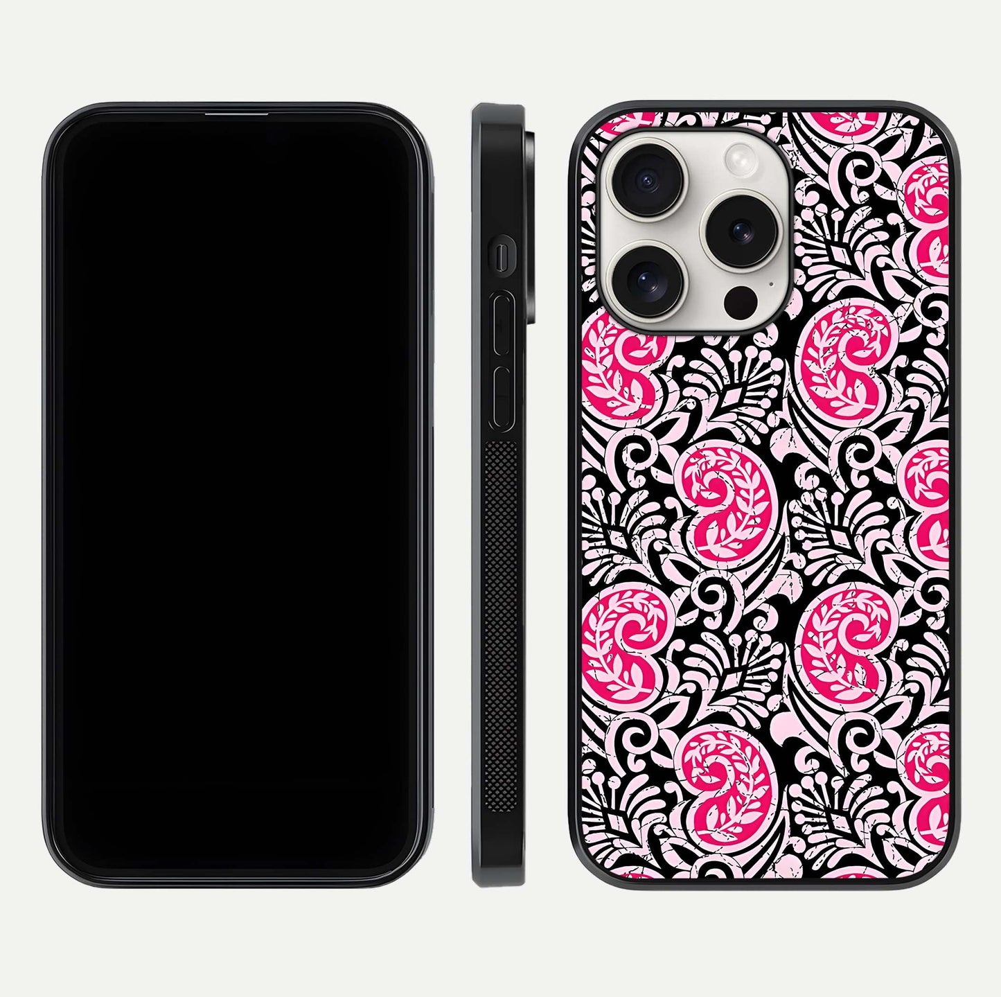 Crimson Paisley Charm Glass Case for iPhone 15 Pro Max dual-view layout displaying HD print and curved polish
