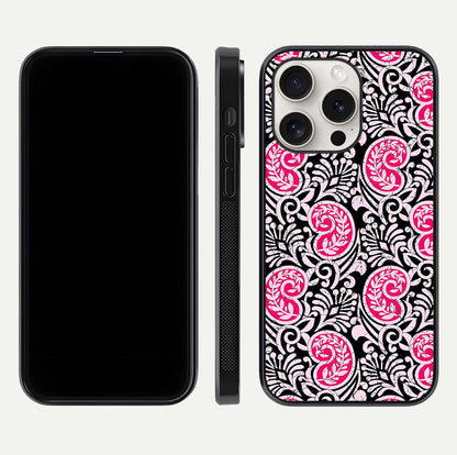Crimson Paisley Charm Glass Case for iPhone 15 Pro Max dual-view layout displaying HD print and curved polish