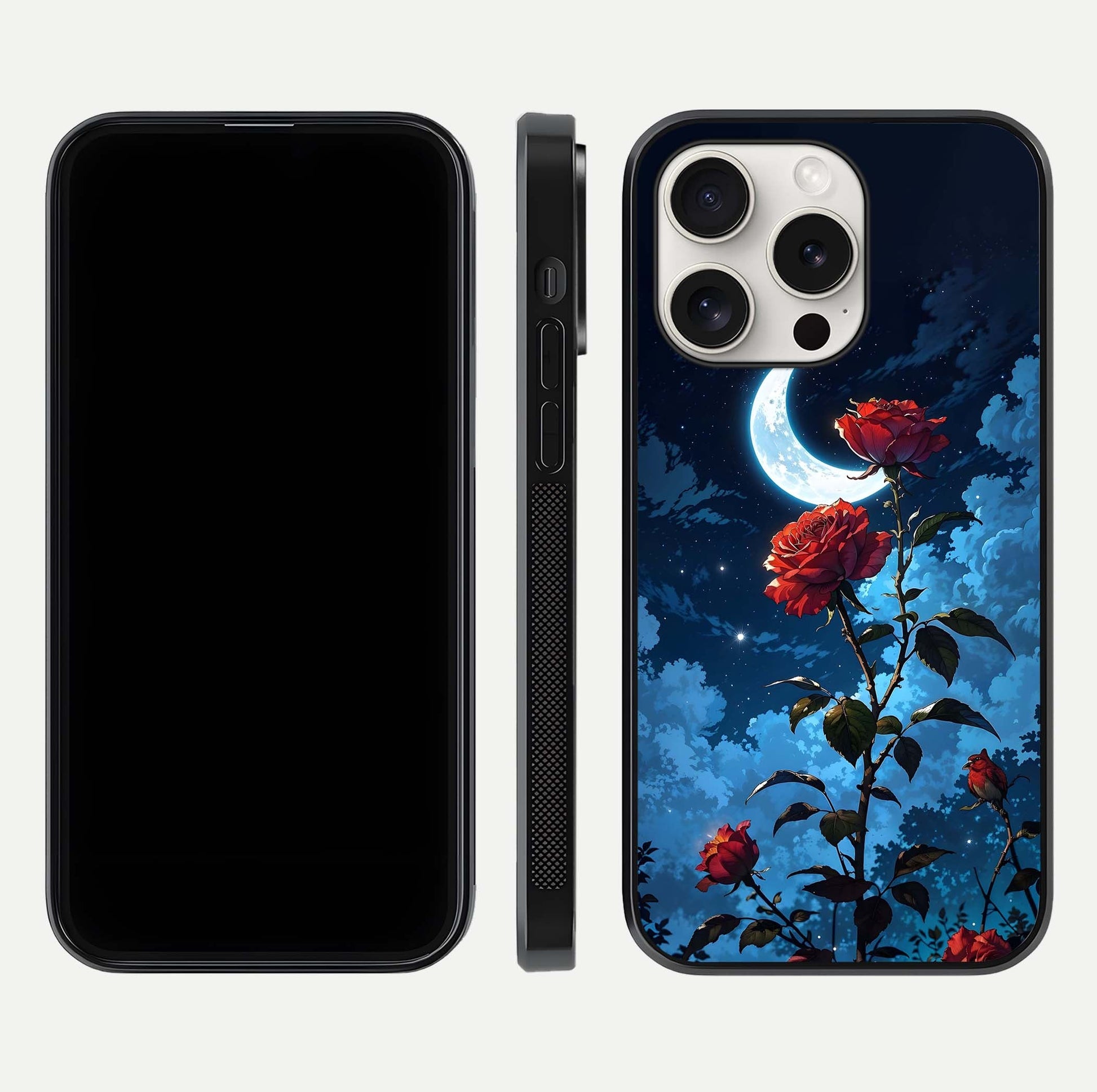 Crimson Rose Moon Glass Case for iPhone 15 Pro Max dual-view layout displaying red tones and soft gloss