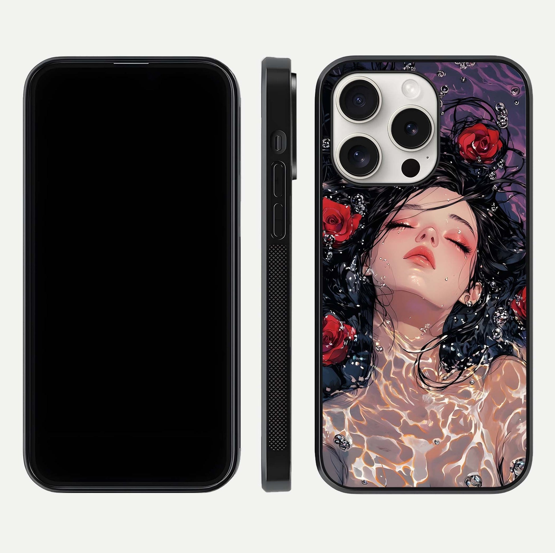 Crimson Rose Serenity Glass Case for iPhone 15 Pro Max dual-view layout displaying serenity tones and curved glass
