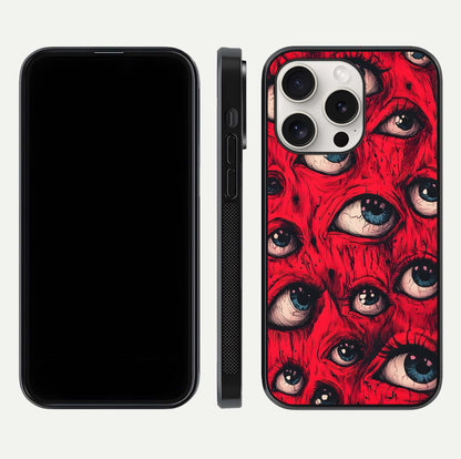 Crimson Watch Eyes Glass Case for iPhone 15 Pro Max dual-view layout displaying abstract tones and curved edges