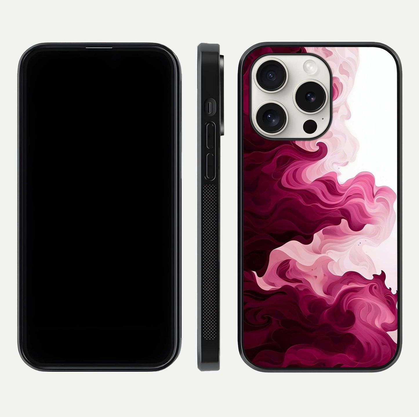 Crimson Wave Flow Glass Case for iPhone 15 Pro Max dual-view layout displaying curved wave art and polished surface
