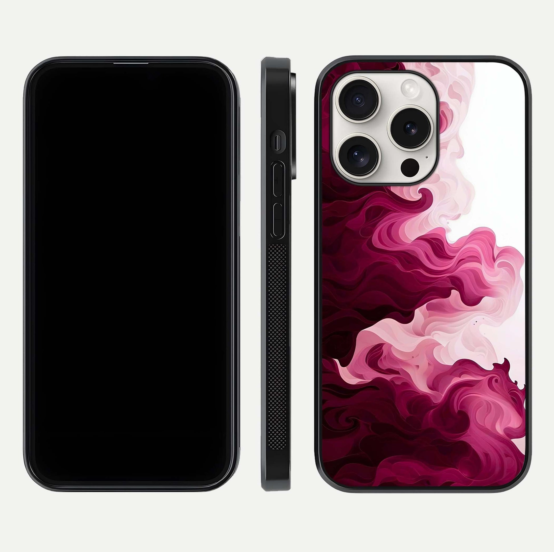 Crimson Wave Flow Glass Case for iPhone 15 Pro Max dual-view layout displaying curved wave art and polished surface