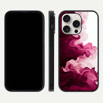 Crimson Wave Flow Glass Case for iPhone 15 Pro Max dual-view layout displaying curved wave art and polished surface