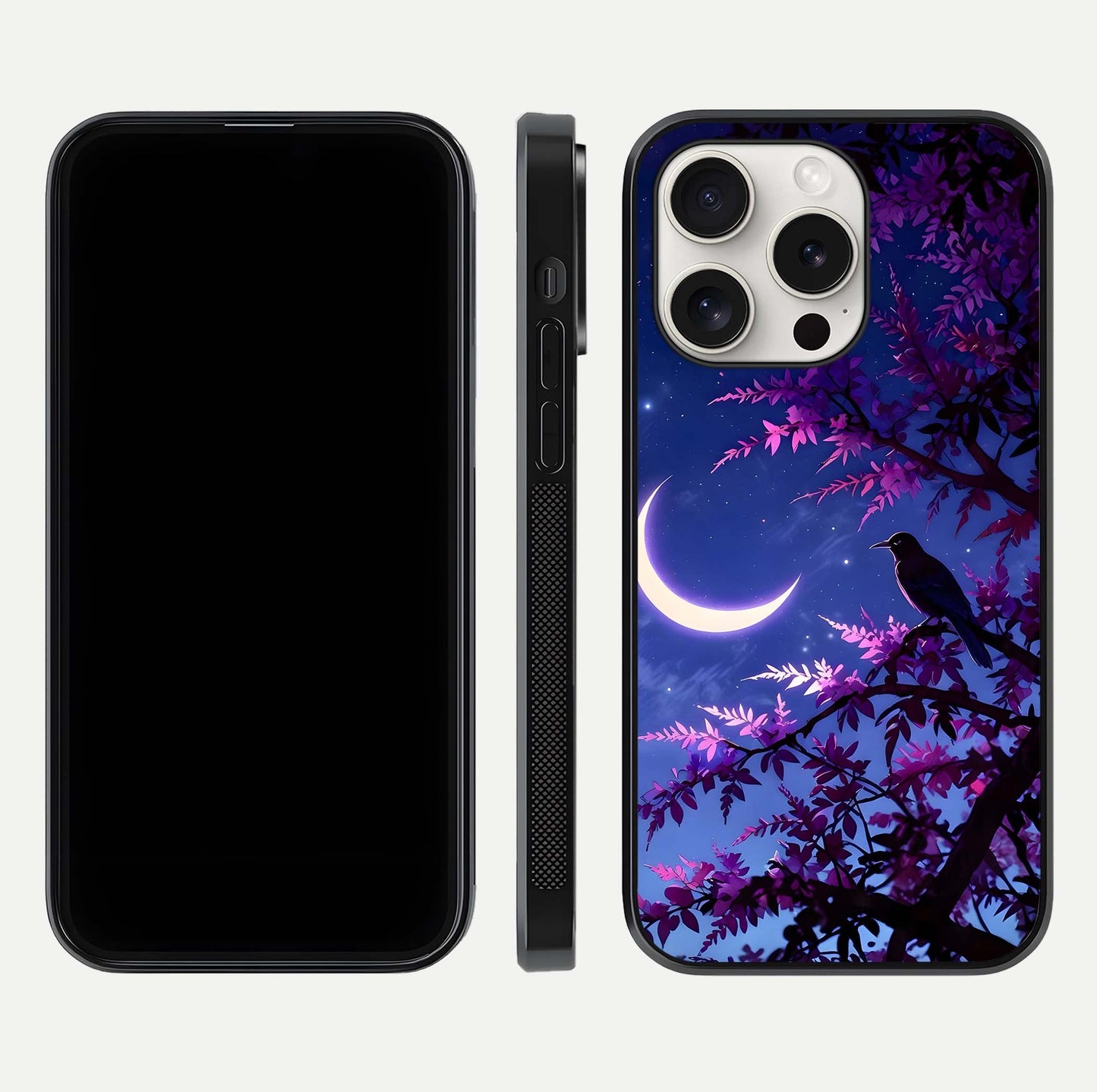 Crow & Moon Scenery Glass Case for iPhone 15 Pro Max dual-view layout displaying night sky art and curved glass edges
