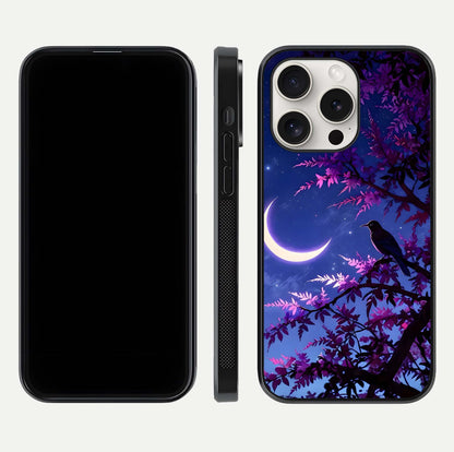 Crow & Moon Scenery Glass Case for iPhone 15 Pro Max dual-view layout displaying night sky art and curved glass edges