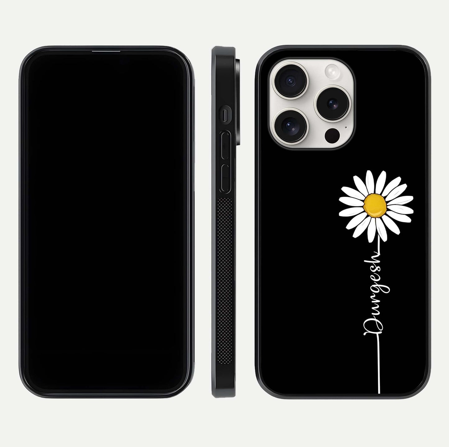Custom Name White Flower Glass Case for iPhone 15 Pro Max dual-view layout showing elegant floral tone and curved edge finish