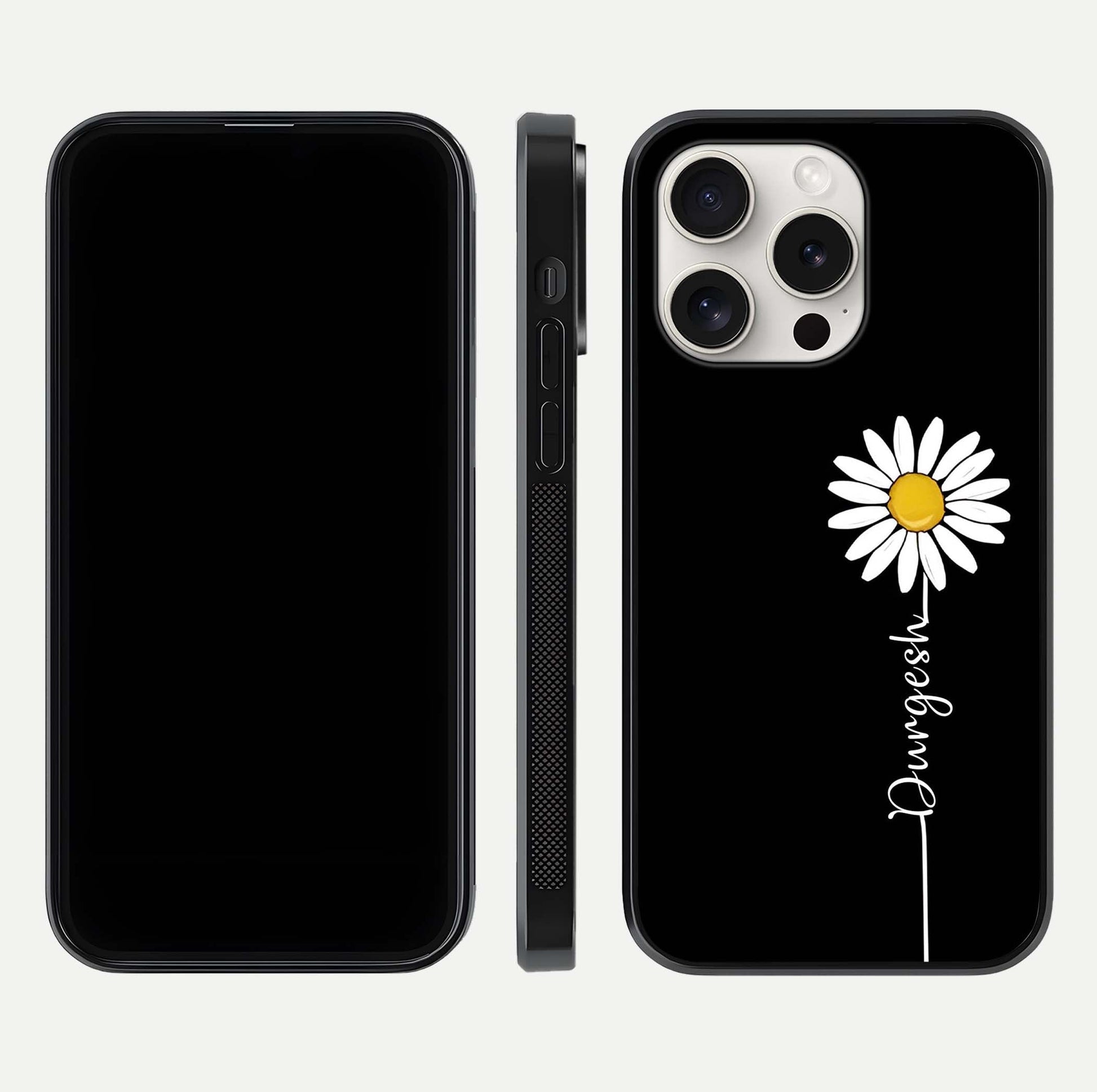 Custom Name White Flower Glass Case for iPhone 15 Pro Max dual-view layout showing elegant floral tone and curved edge finish