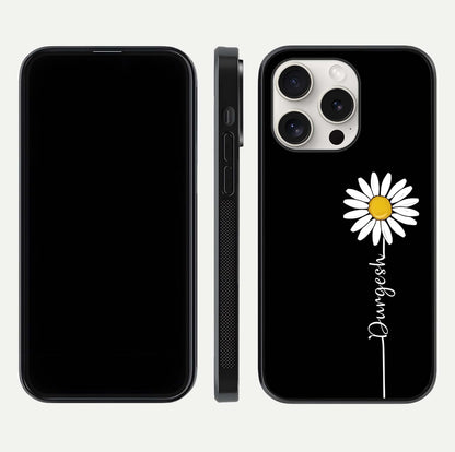 Custom Name White Flower Glass Case for iPhone 15 Pro Max dual-view layout showing elegant floral tone and curved edge finish