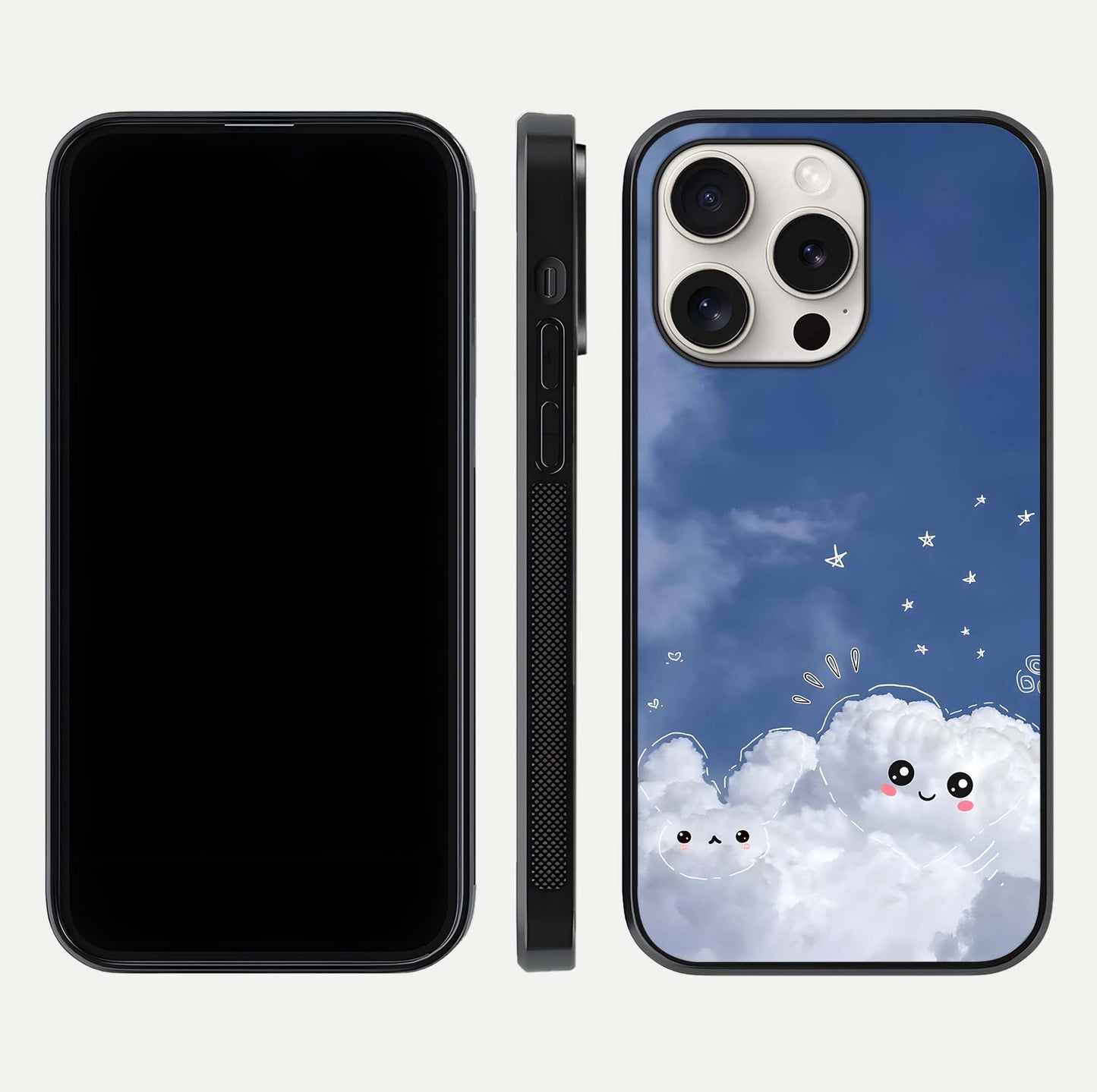 Cute Blossom Cloud Glass Case for iPhone 15 Pro Max dual-view layout displaying cute floral clouds and polished edge