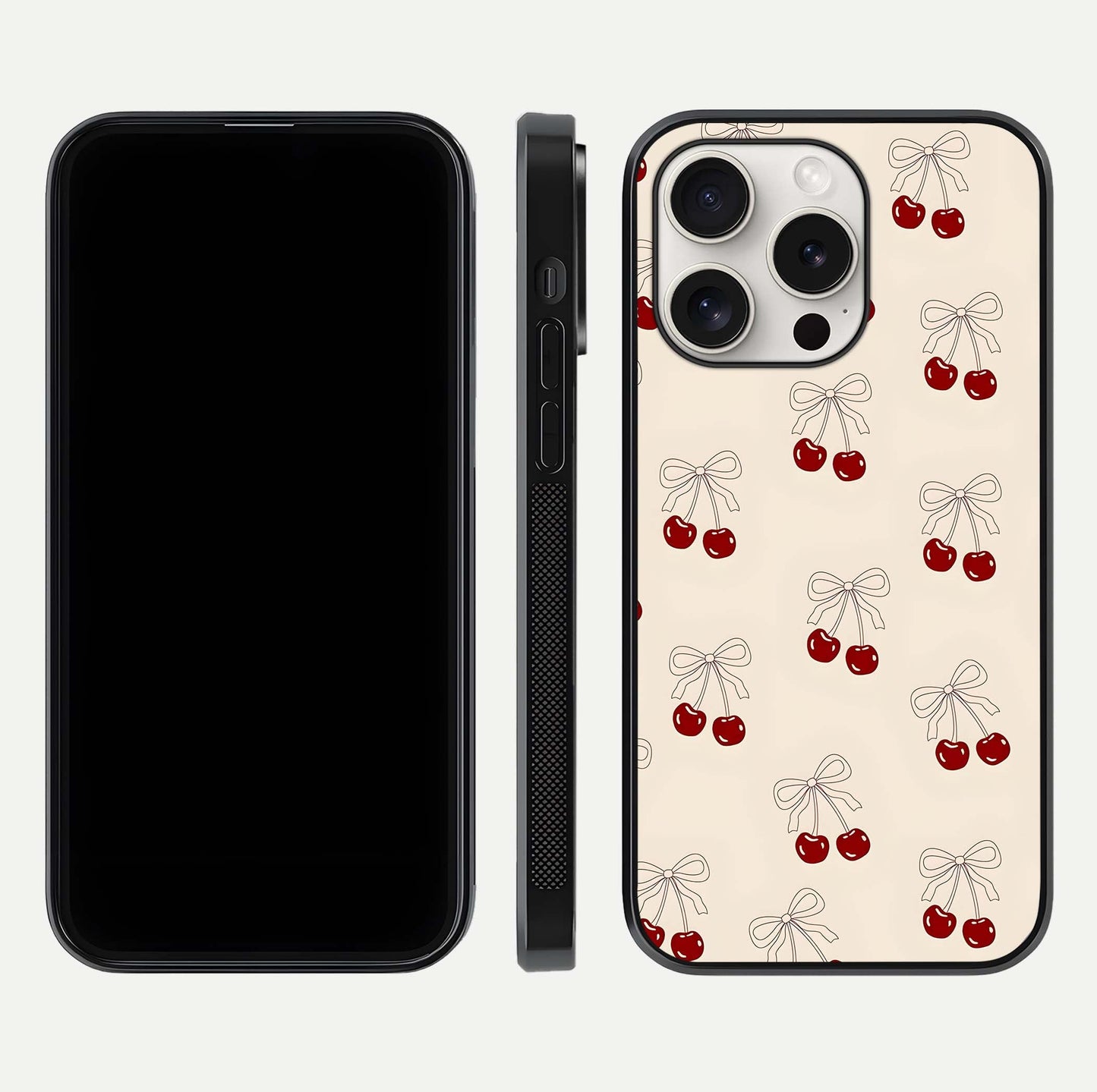 Cute Cherry Pattern Glass Case for iPhone 15 Pro Max dual-view layout displaying aesthetic fruit print and smooth edges