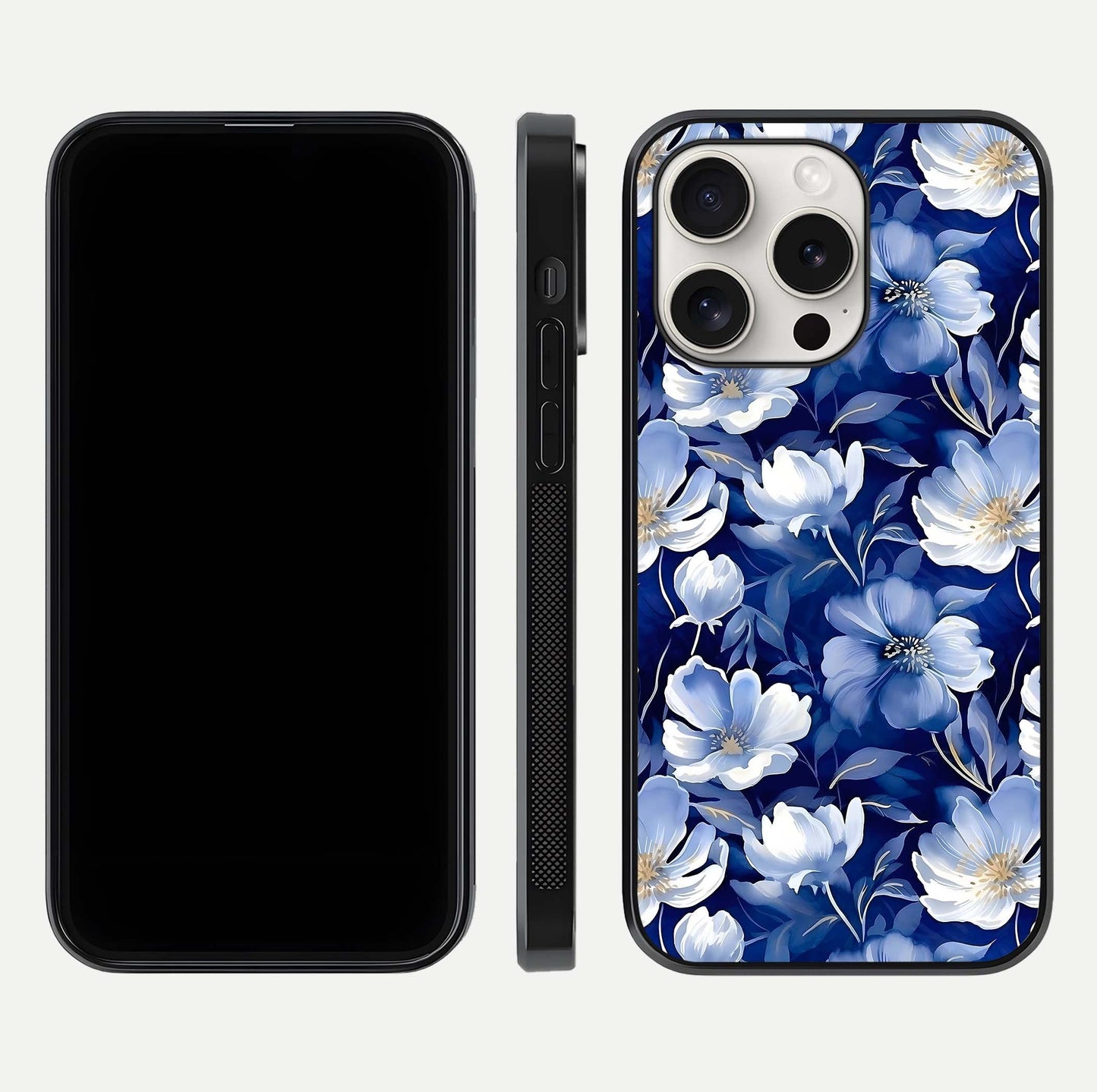 Cute Floral Patterns Glass Case for iPhone 15 Pro Max dual-view layout displaying HD floral print and curved edges