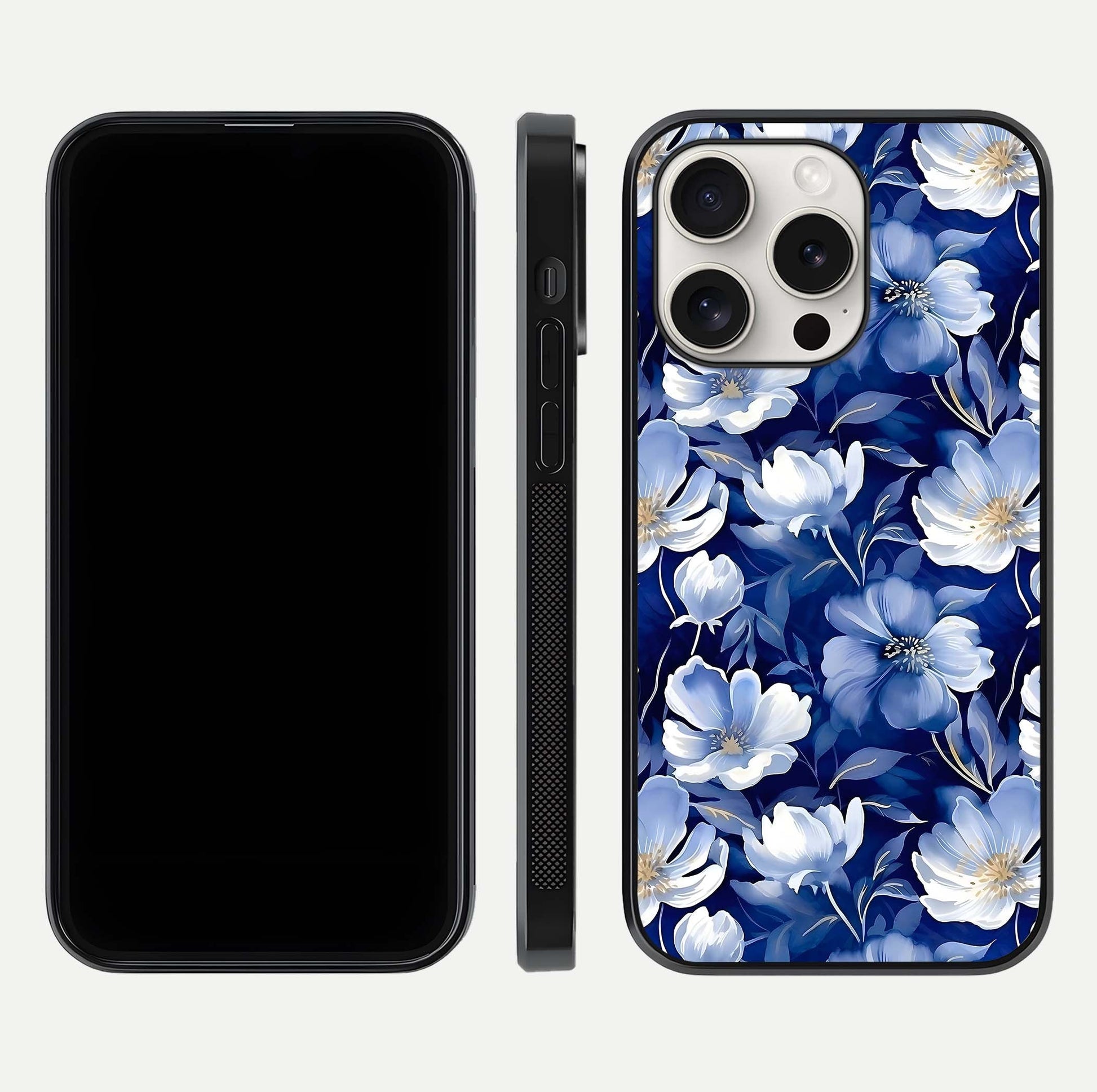 Cute Floral Patterns Glass Case for iPhone 15 Pro Max dual-view layout displaying HD floral print and curved edges