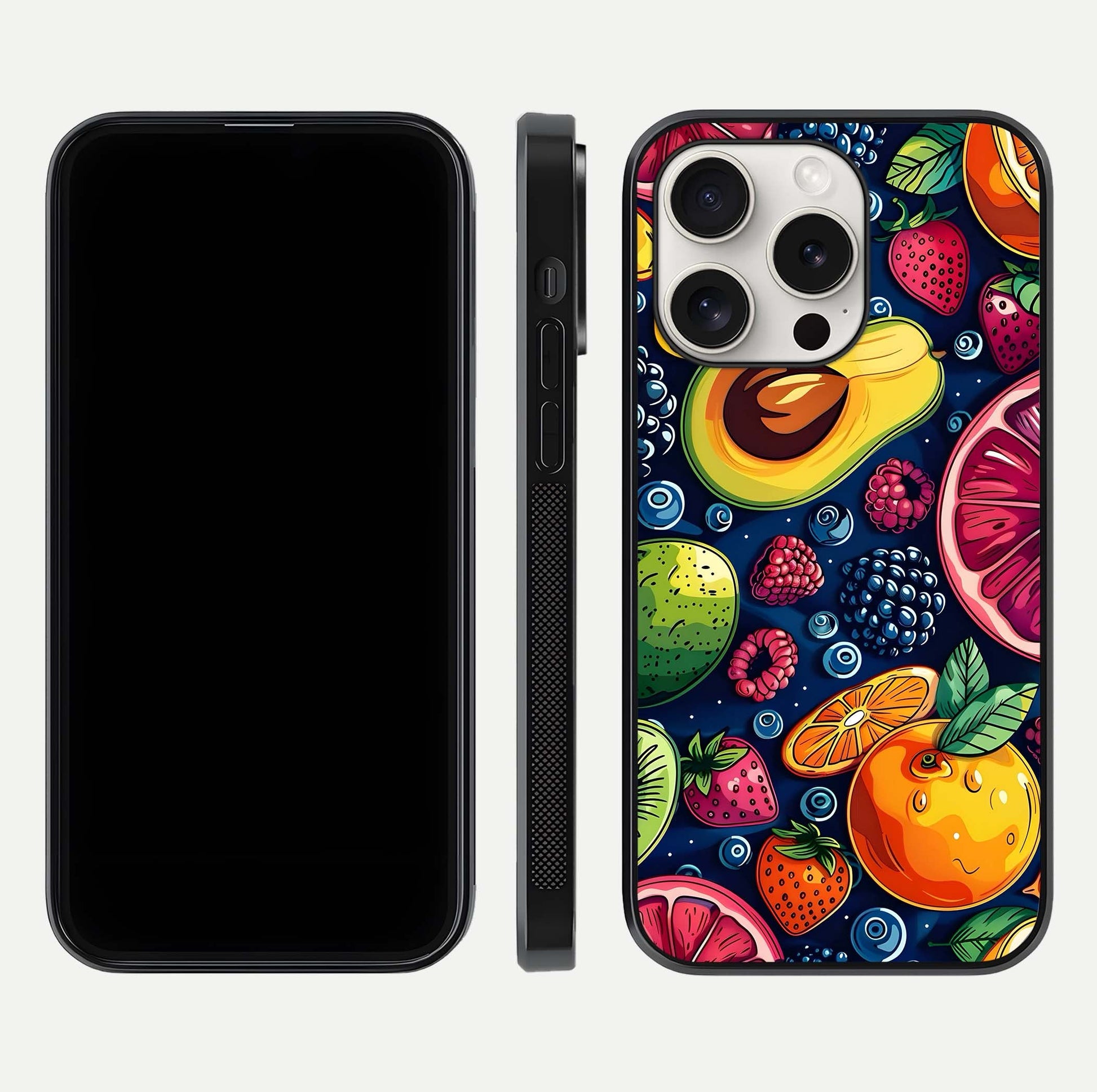 Cute Fruits Art Glass Case for iPhone 15 Pro Max dual-view layout displaying playful tones and curved design