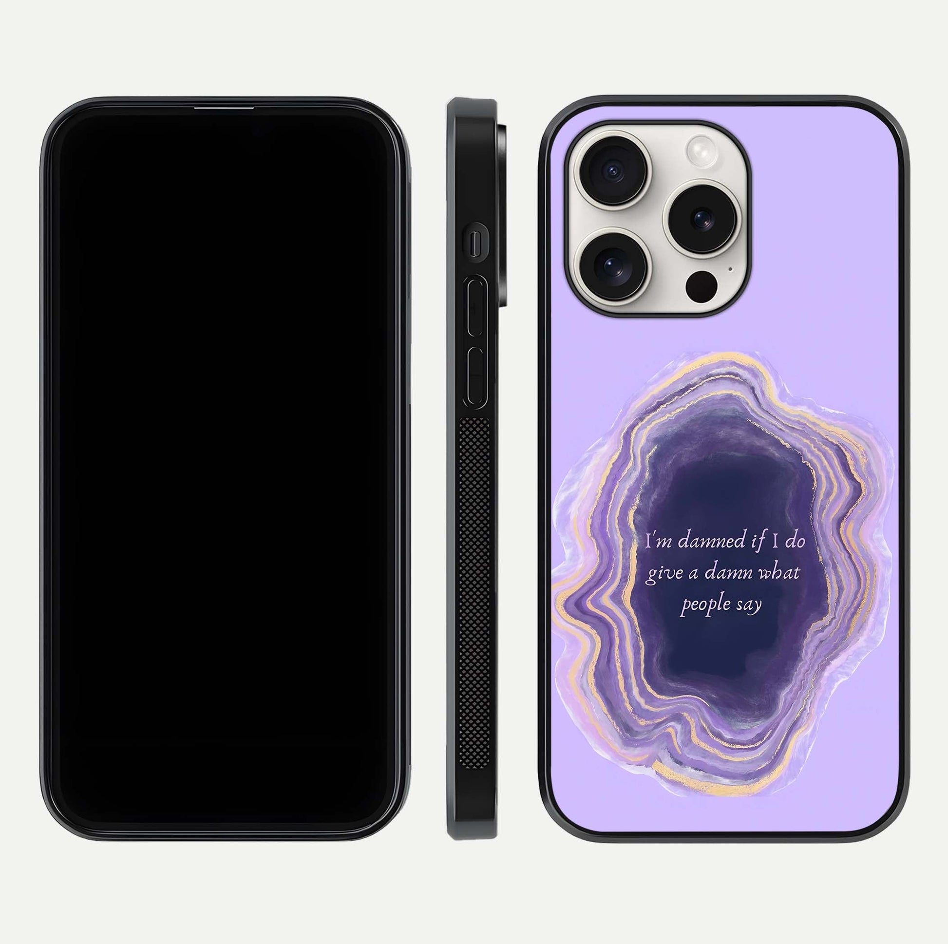 Damned People Quote Glass Case for iPhone 15 Pro Max dual-view layout displaying modern print and glass clarity
