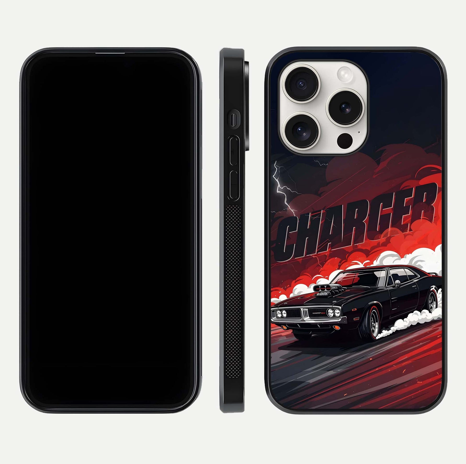 Dark Charger Fury Glass Case for iPhone 15 Pro Max dual-view layout displaying HD design and polished edges