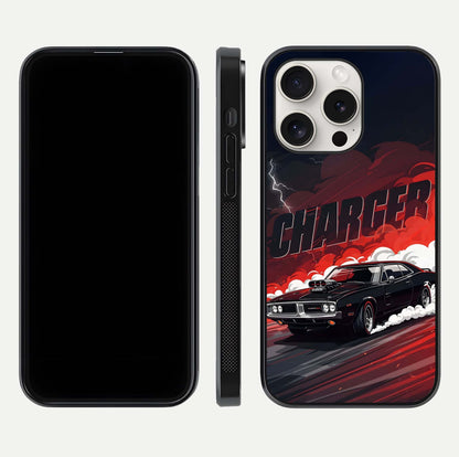 Dark Charger Fury Glass Case for iPhone 15 Pro Max dual-view layout displaying HD design and polished edges