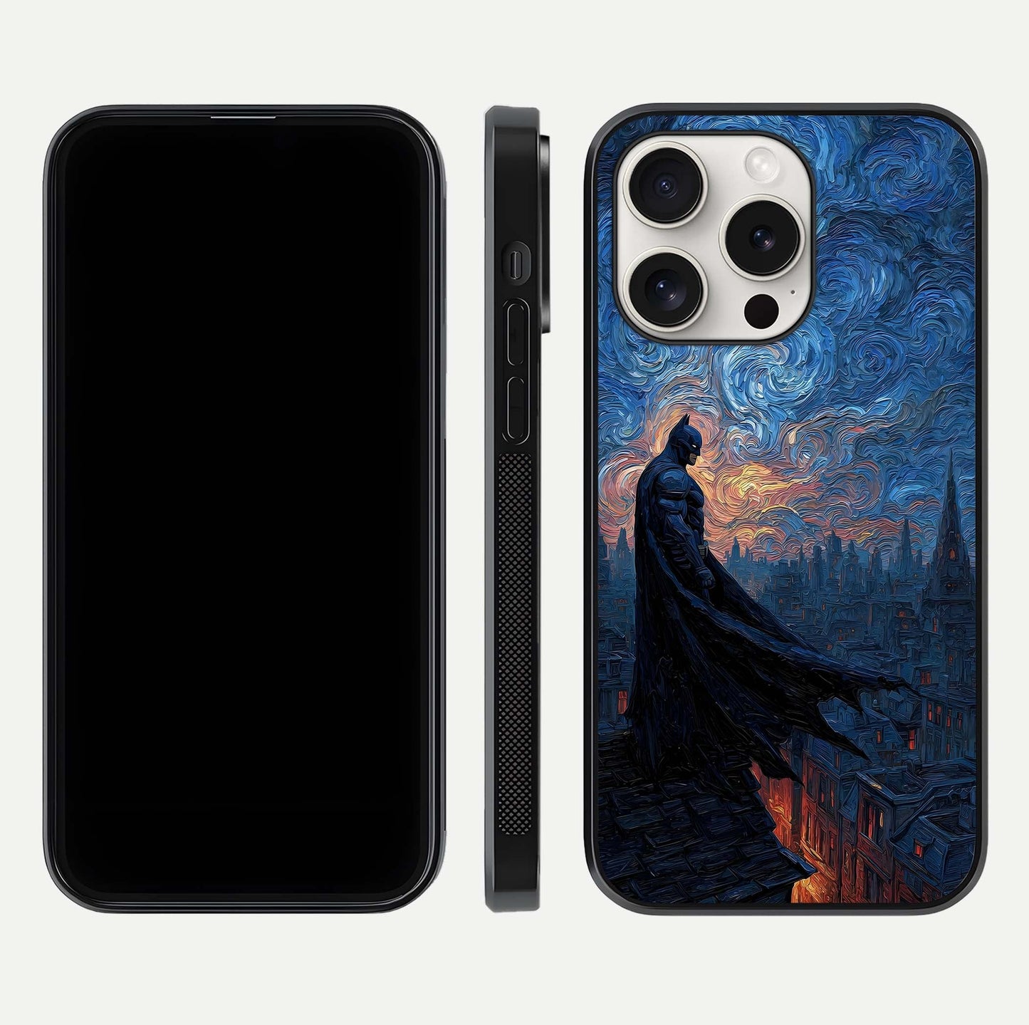 Dark Knight Dusk Glass Case for iPhone 15 Pro Max dual-view layout displaying HD hero print and curved glass edges