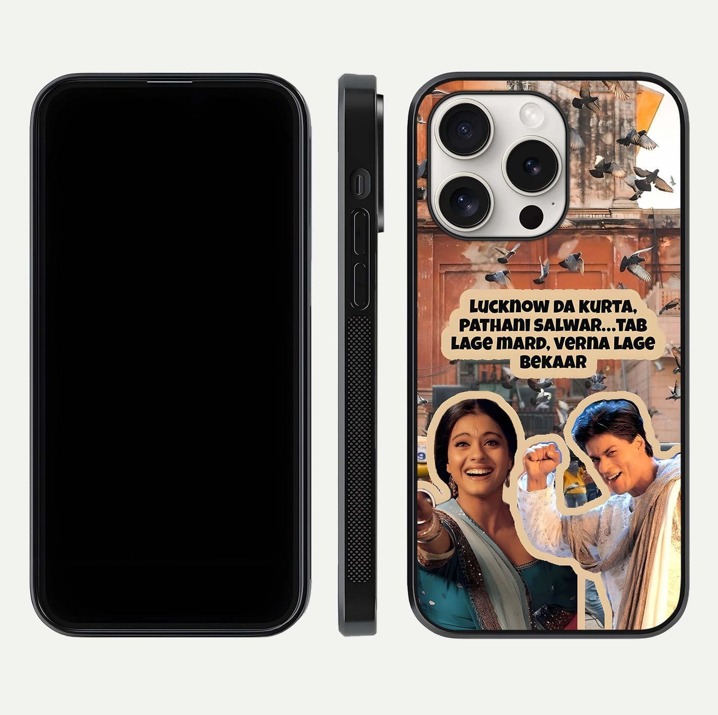 Desi Retro Vibes Glass Case for iPhone 15 Pro Max dual-view layout showing nostalgic design and smooth glass curve