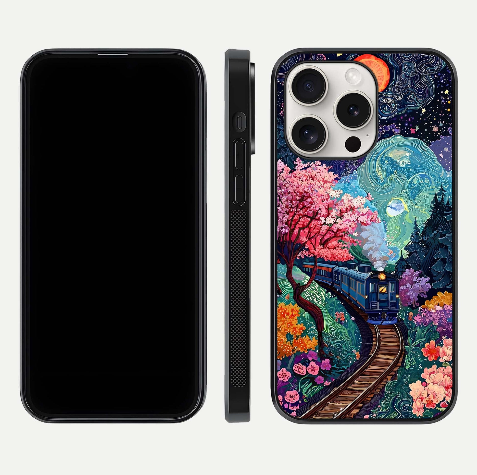 Digital Art Glass Case for iPhone 15 Pro Max dual-view layout displaying artistic tones and curved glass edge