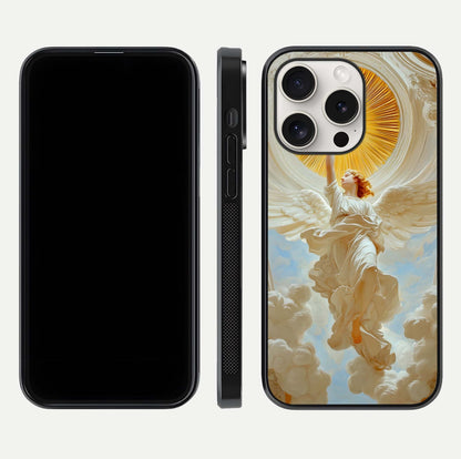 Divine Light Angel Glass Case for iPhone 15 Pro Max dual-view layout displaying celestial tones and smooth curves