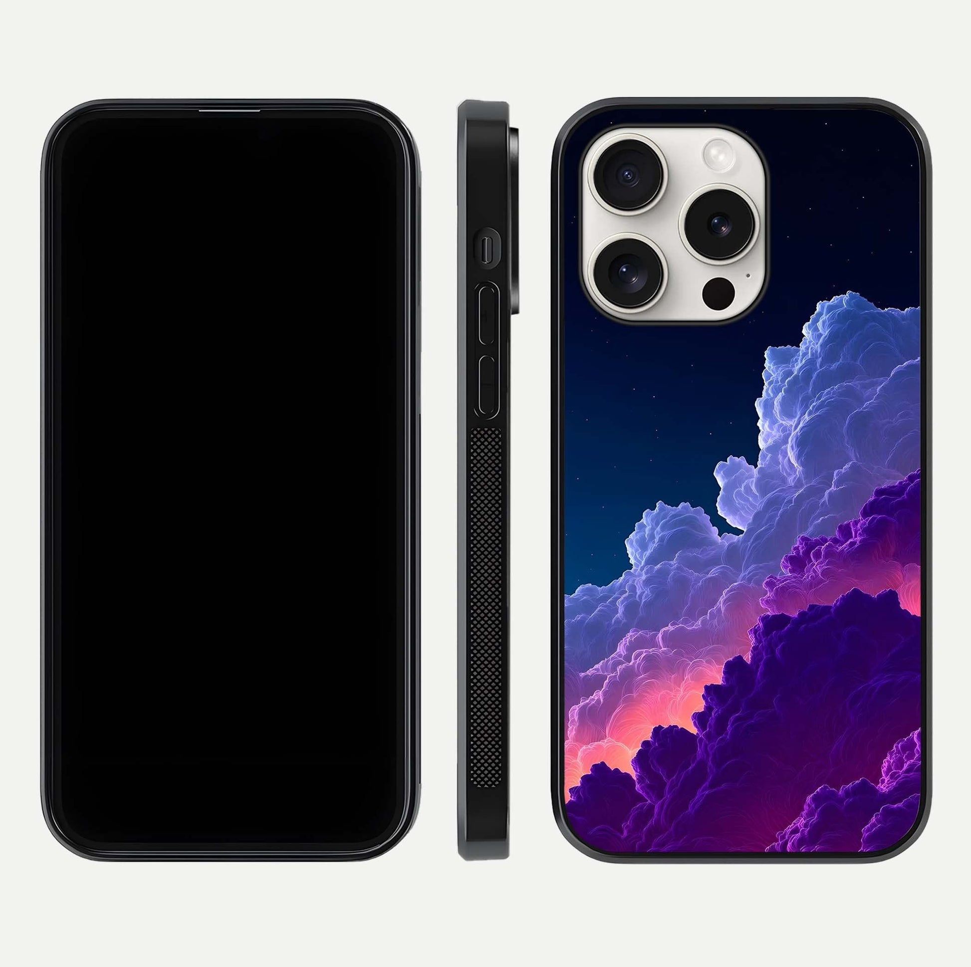 Dreamy Cloud Skies Glass Case for iPhone 15 Pro Max dual-view layout displaying calm sky art and smooth curve