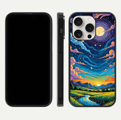 Dreamy Night Landscape Glass Case for iPhone 15 Pro Max dual-view layout displaying HD print and curved glass edges