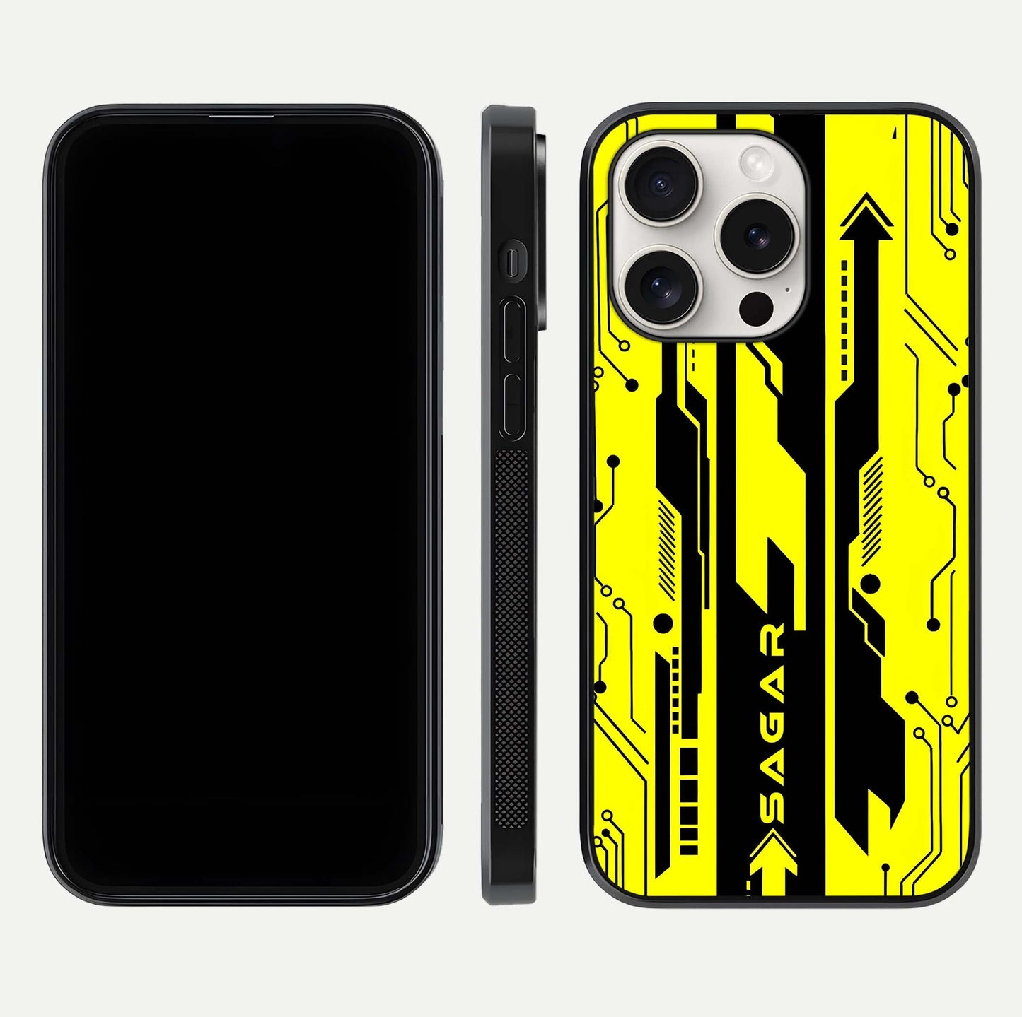 Electric Pulse CYBERPUNK Custom Name Glass Case for iPhone 15 Pro Max dual-view layout displaying futuristic hues and curved glass edges