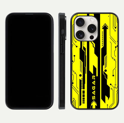 Electric Pulse CYBERPUNK Custom Name Glass Case for iPhone 15 Pro Max dual-view layout displaying futuristic hues and curved glass edges